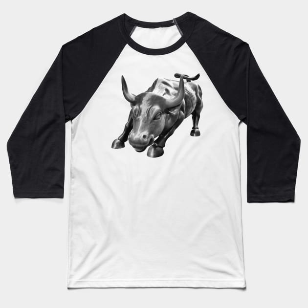 Wall Street Bull in Black and White Baseball T-Shirt by Mackabee Designs